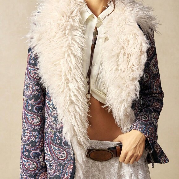 Navy Blue Casual Women's Jacket with Faux Fur Collar and Paisley Pattern - Picture 4 of 9